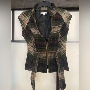Women’s CABI green plaid wool blend belted zipper vest